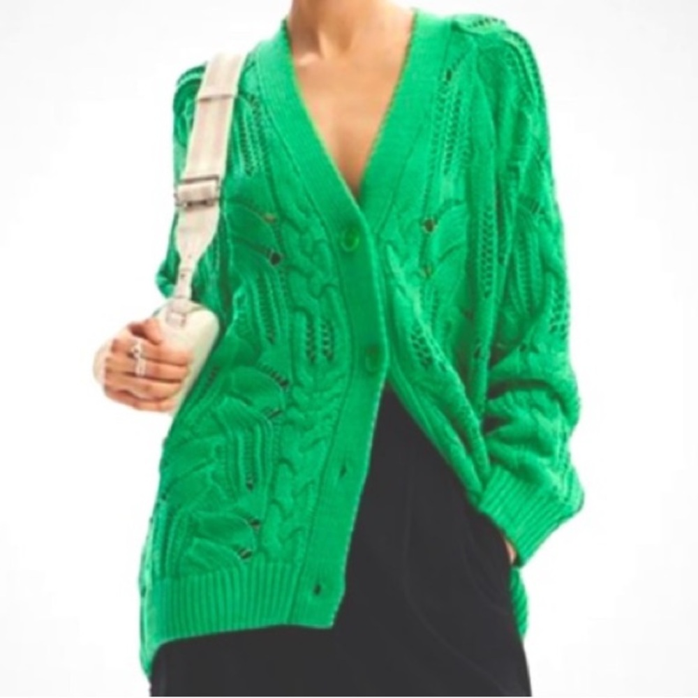 J.Crew Cable Knit Wool Cardigan Sweater in Green NWT & Shopping Bag